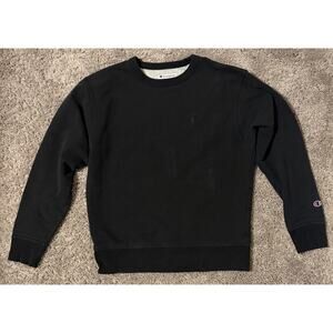 Retro Champion Embroidered Logo Fleece Black Pullover Crew Neck Sweatshirt M